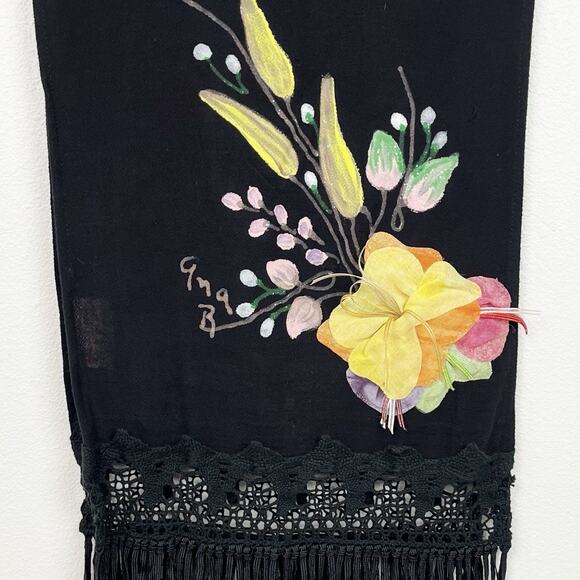 Vintage Ana Rosa Signed Scarf Mexico Art Hand Painted Crafted Fringe Shawl Black - Picture 3 of 6